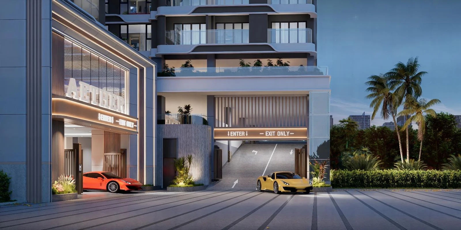 Architectural rendering of Aether Residences, Westlands, with an illuminated entrance, vehicle ramp, cars and palm trees.
