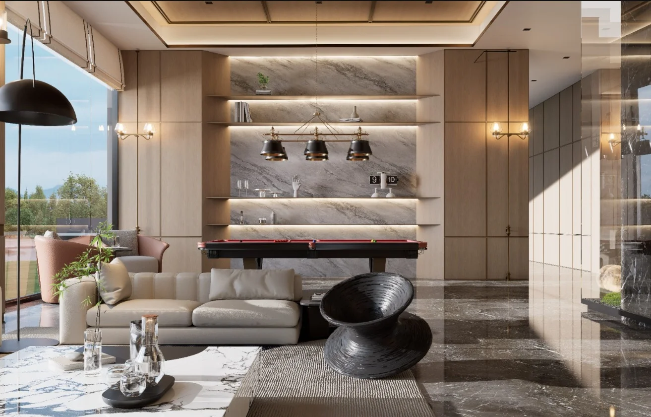 Lounge rendering at Aether Residences, Westlands, with a pool table, cream sofa and illuminated display shelves.