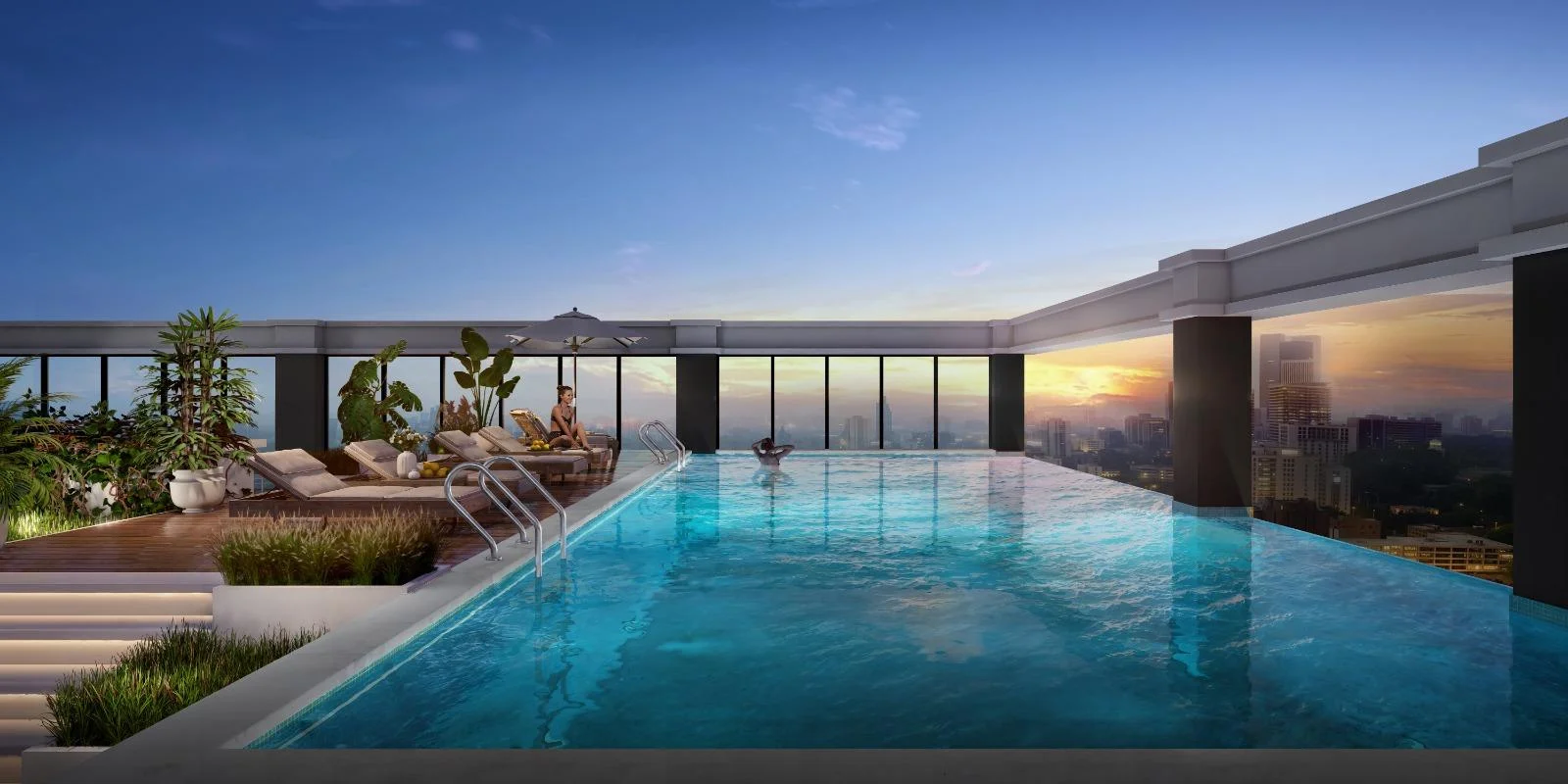 Rooftop pool rendering at Aether Residences, Westlands, with sun loungers, plants and a city skyline at sunset.