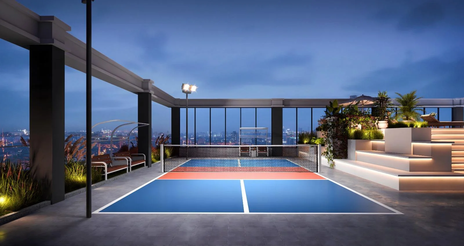 Rooftop sports court rendering at Aether Residences, Westlands, with a net, illuminated planters and distant city skyline.