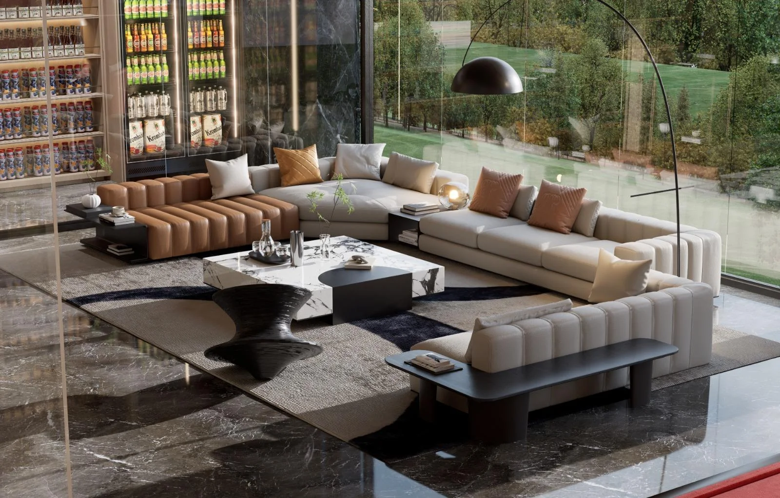 Seating area rendering at Aether Residences Westlands, with cream and tan sofas beside full-height windows.