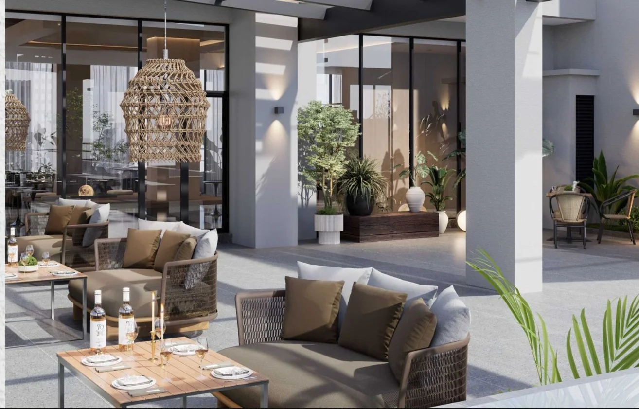Rendered terrace seating at Aether Residences, Westlands, with cushioned chairs, woven pendant lights and potted plants.