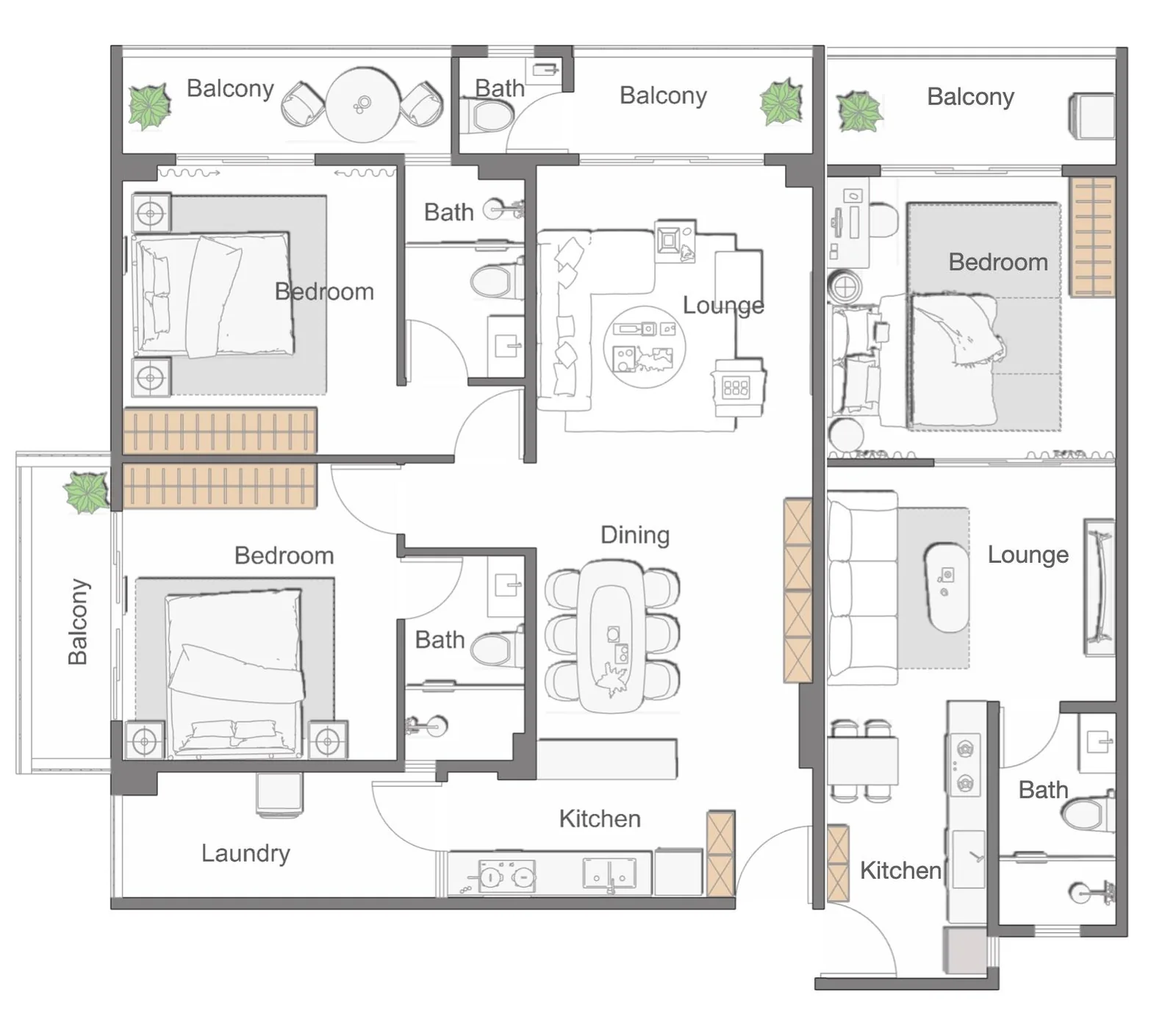 Anjoy Homes Upper Hill floor plans showing one- and two-bedroom apartments with balconies, kitchens and lounges.