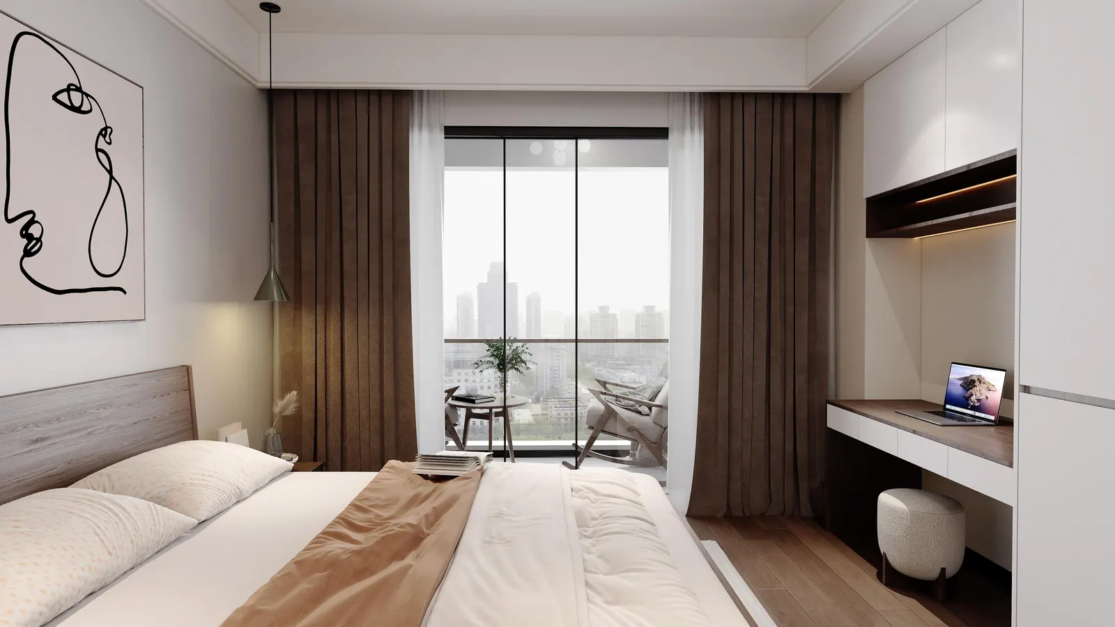 Bedroom rendering at Anjoy Homes, Upper Hill, with a double bed, built-in desk and balcony seating.