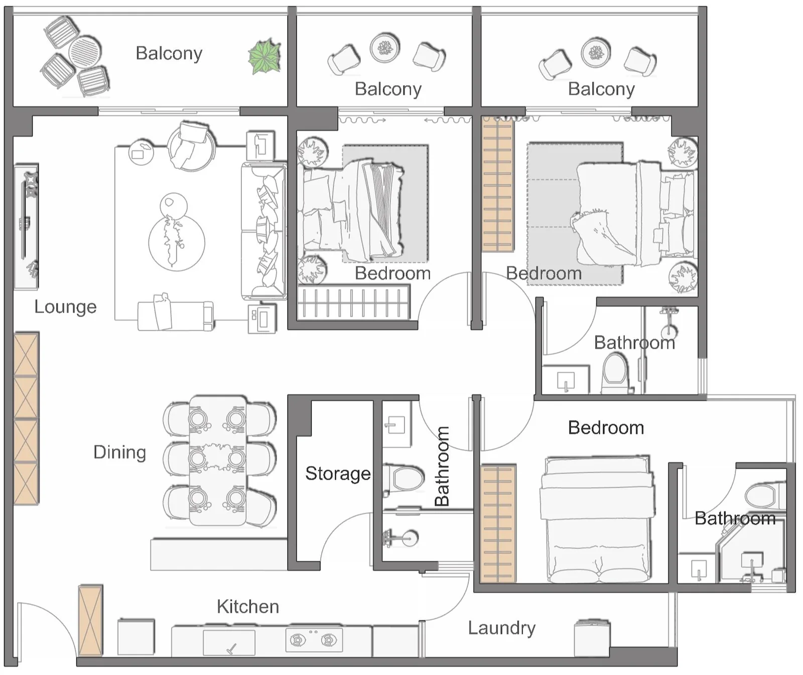 Three-bedroom floor plan at Anjoy Homes Upper Hill with three balconies, a lounge, kitchen and laundry area.