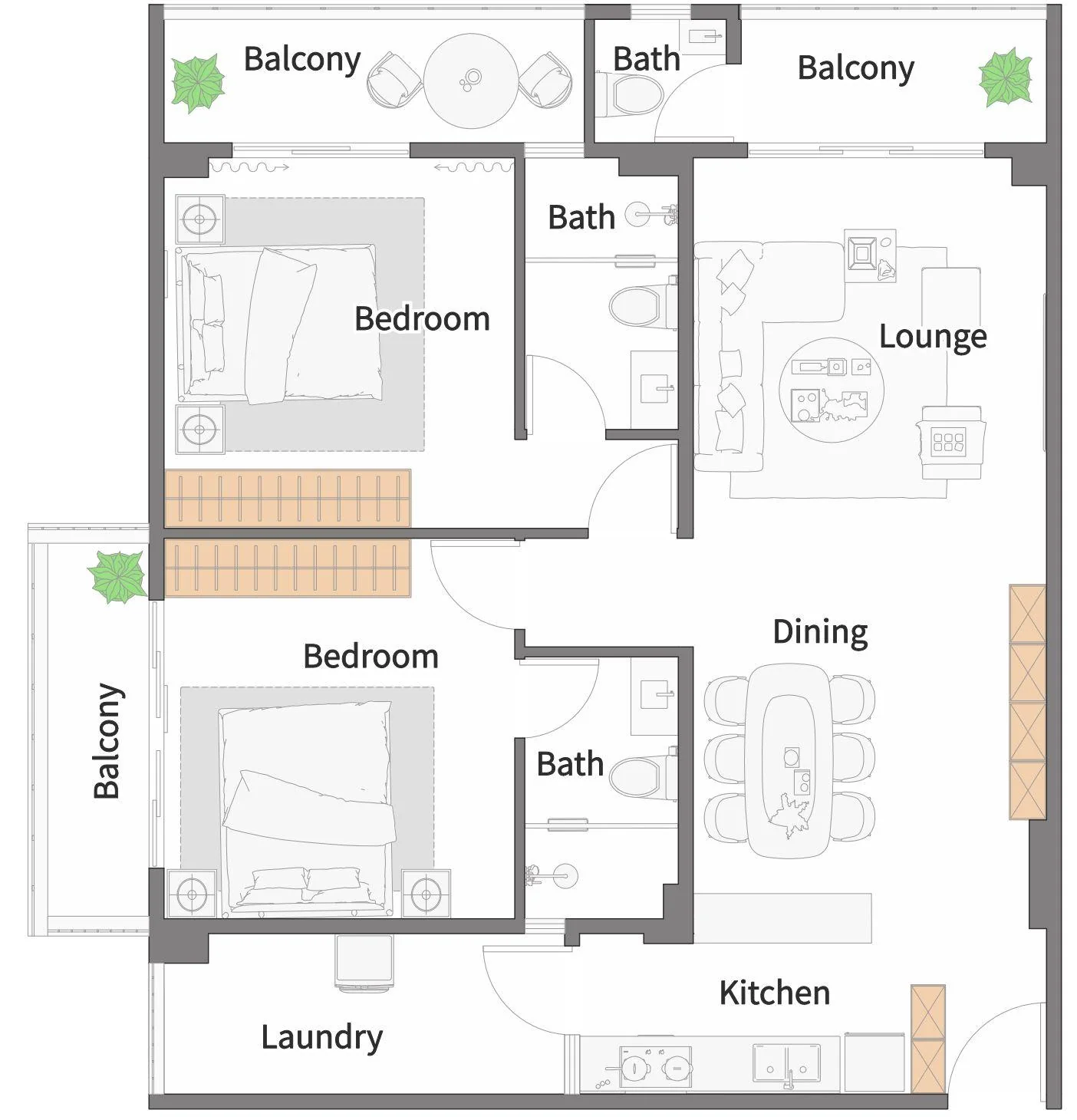 Two-bedroom floor plan at Anjoy Homes, Upper Hill, showing balconies, lounge, dining area, kitchen and laundry.