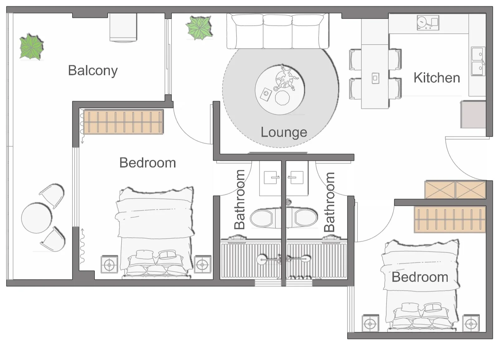 Anjoy Homes Upper Hill two-bedroom floor plan with two bathrooms, lounge, kitchen and balcony.