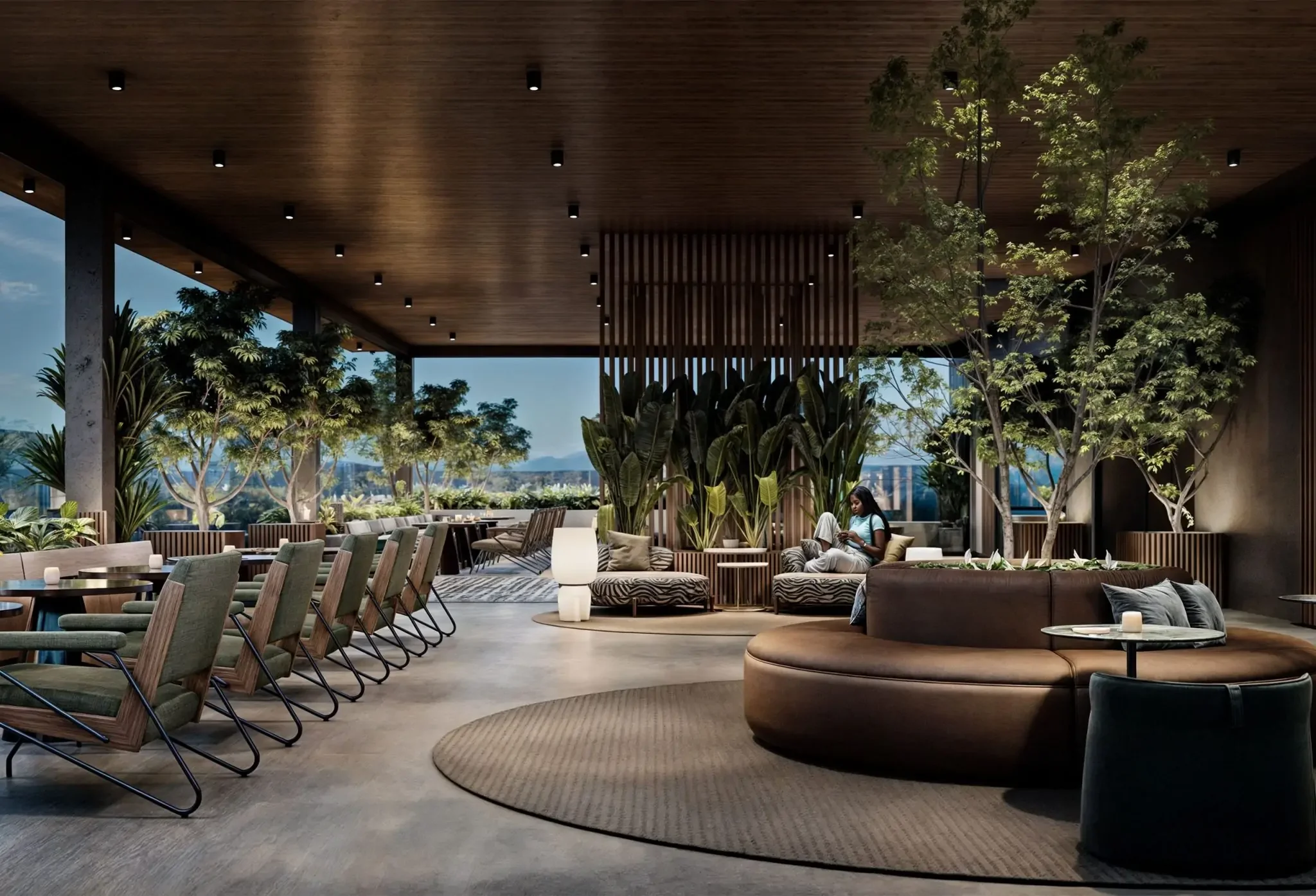 Covered lounge rendering at Aura Peponi, Westlands, with curved seating, tables and trees in large planters.