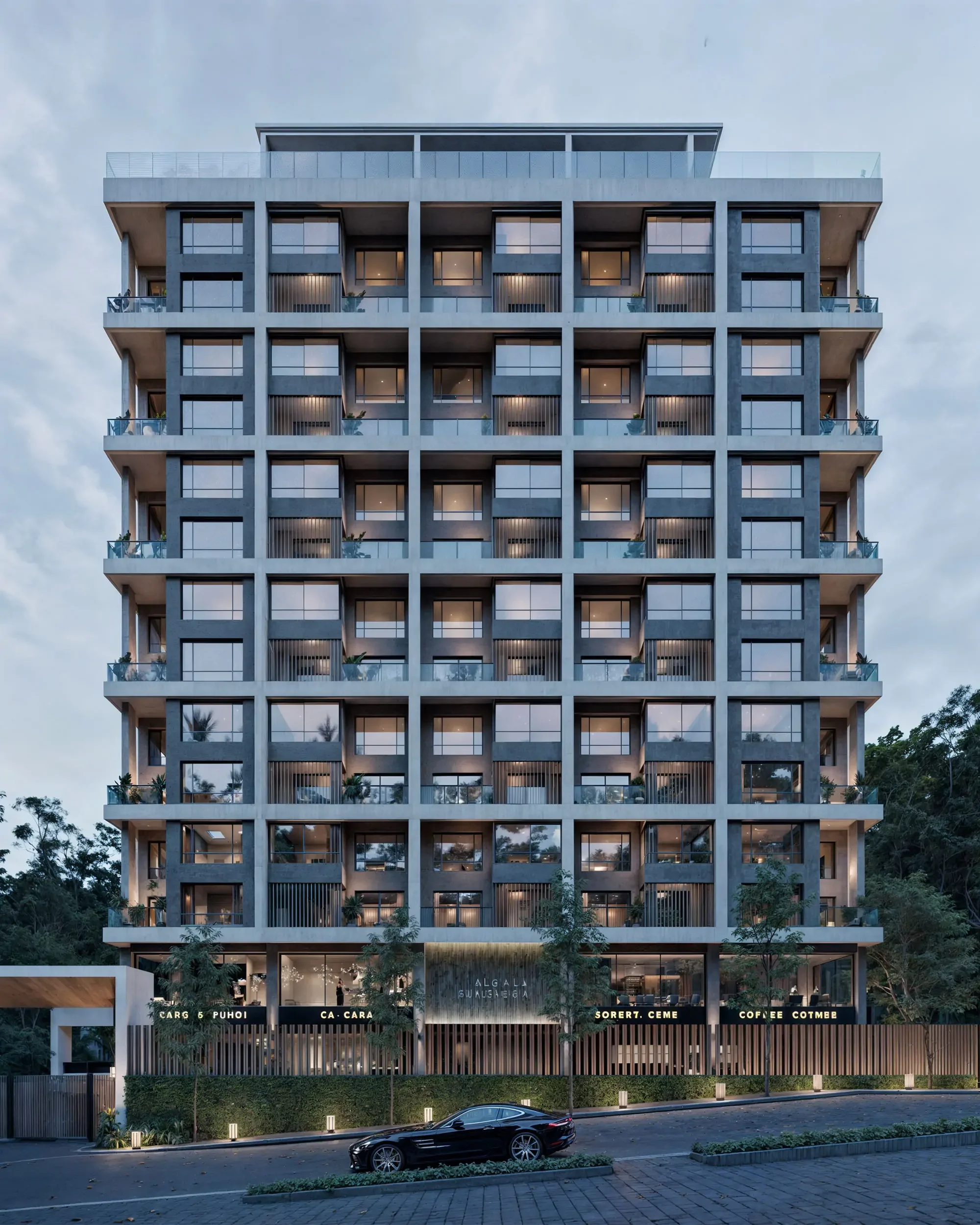 Exterior rendering of Aura Peponi in Westlands, showing large windows, glass-fronted balconies and street-level shopfronts.
