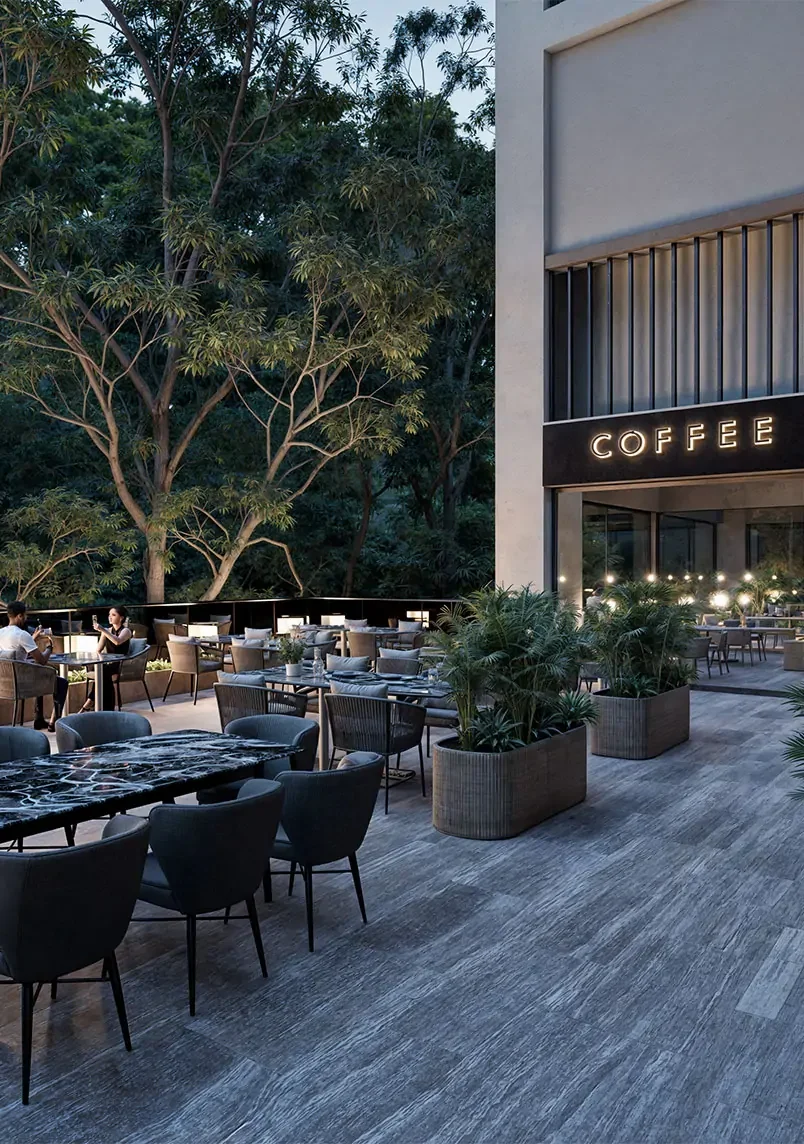 Aura Peponi café terrace rendering in Westlands, with outdoor tables, chairs, planters and tall trees.