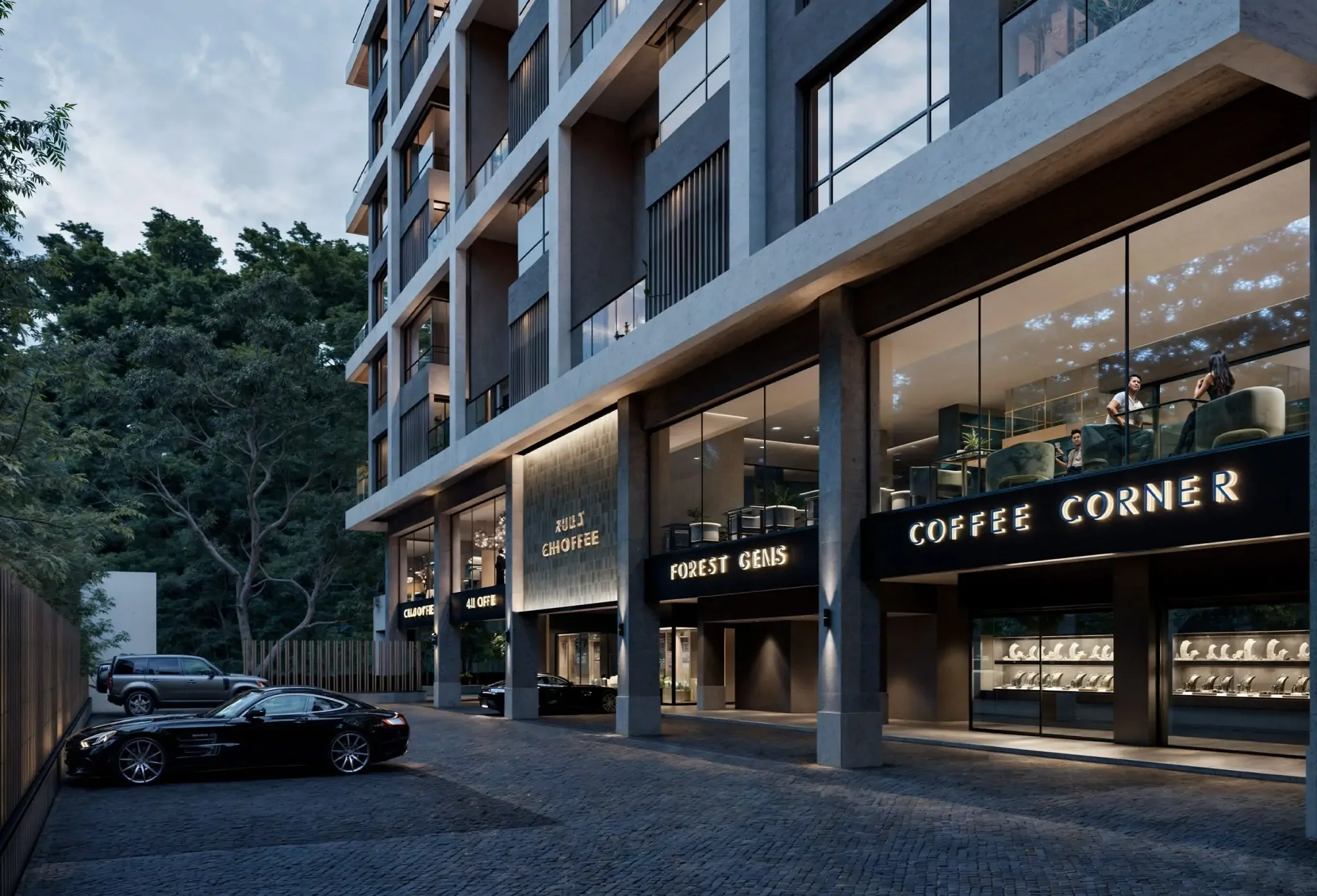 Exterior rendering of Aura Peponi in Westlands, showing retail storefronts, large windows and parked cars.