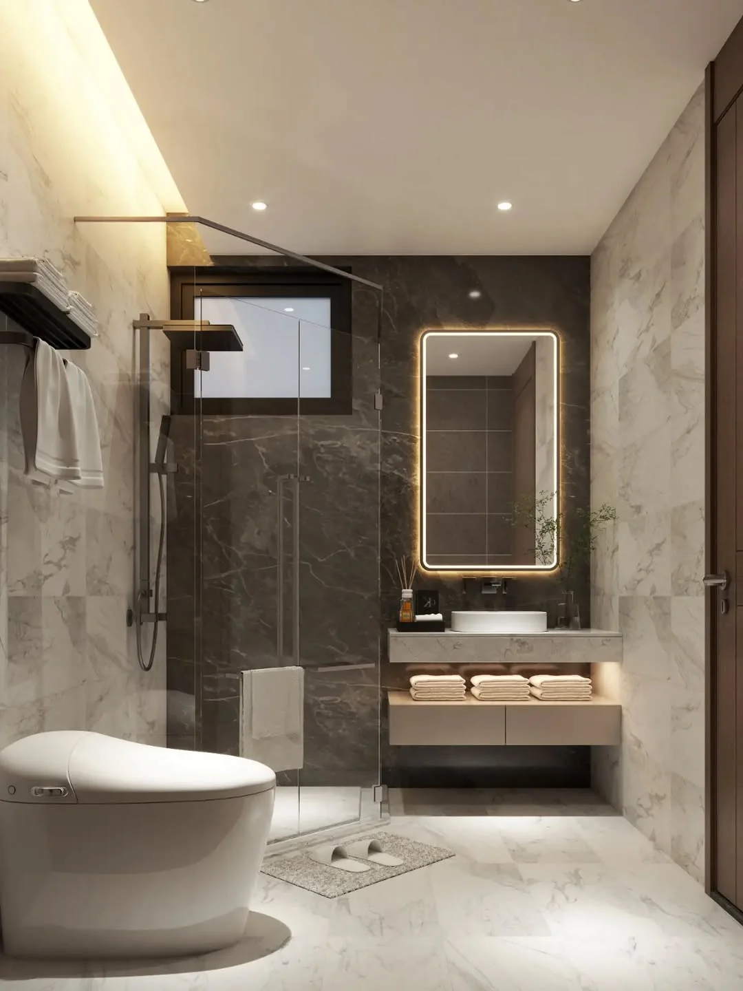 Bathroom rendering at Auris Residence, Westlands, with glass shower enclosure, floating vanity, illuminated mirror and white toilet.