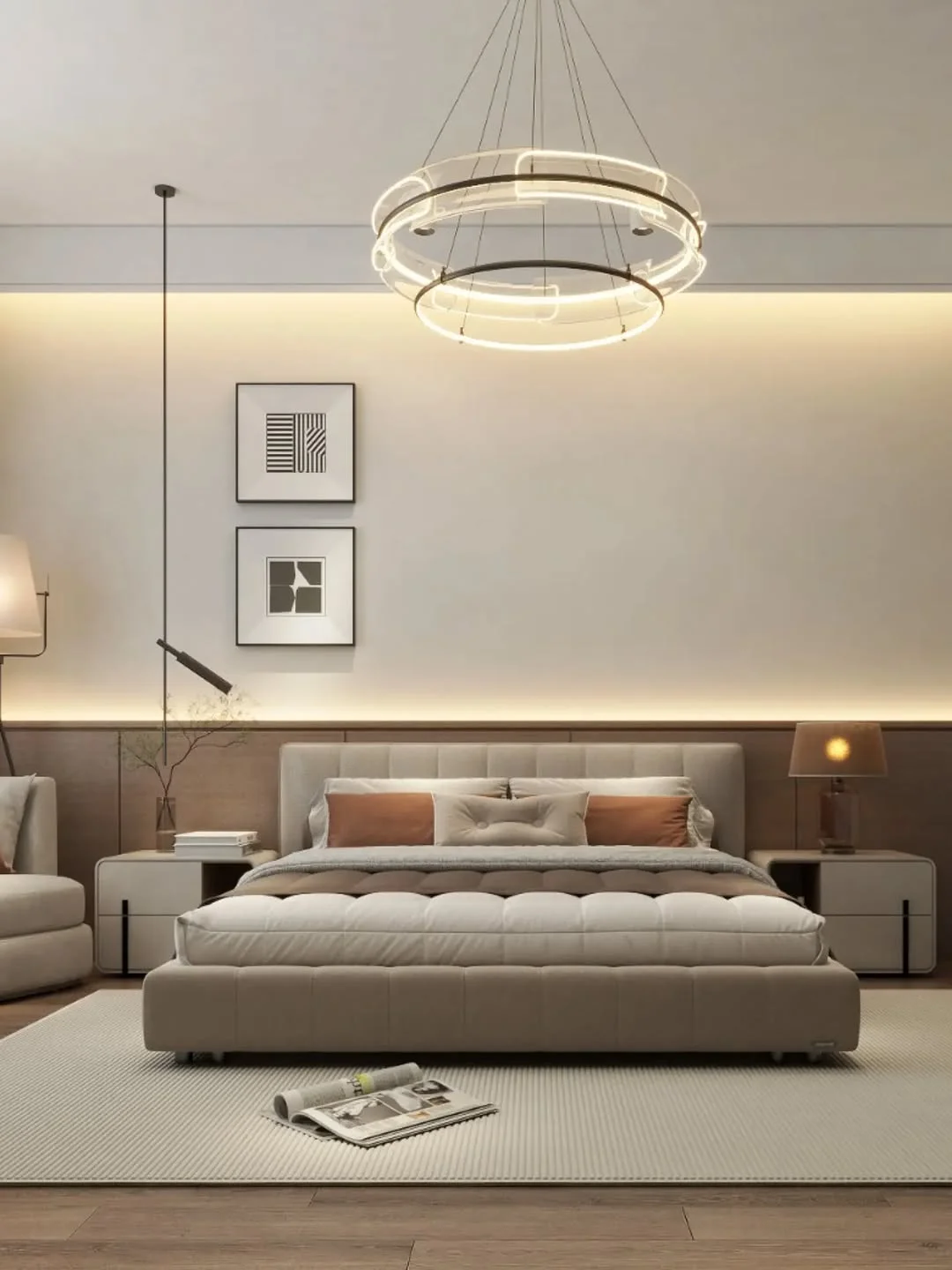Bedroom at Auris Residence, Westlands, with an upholstered bed, circular pendant lighting and bedside tables.