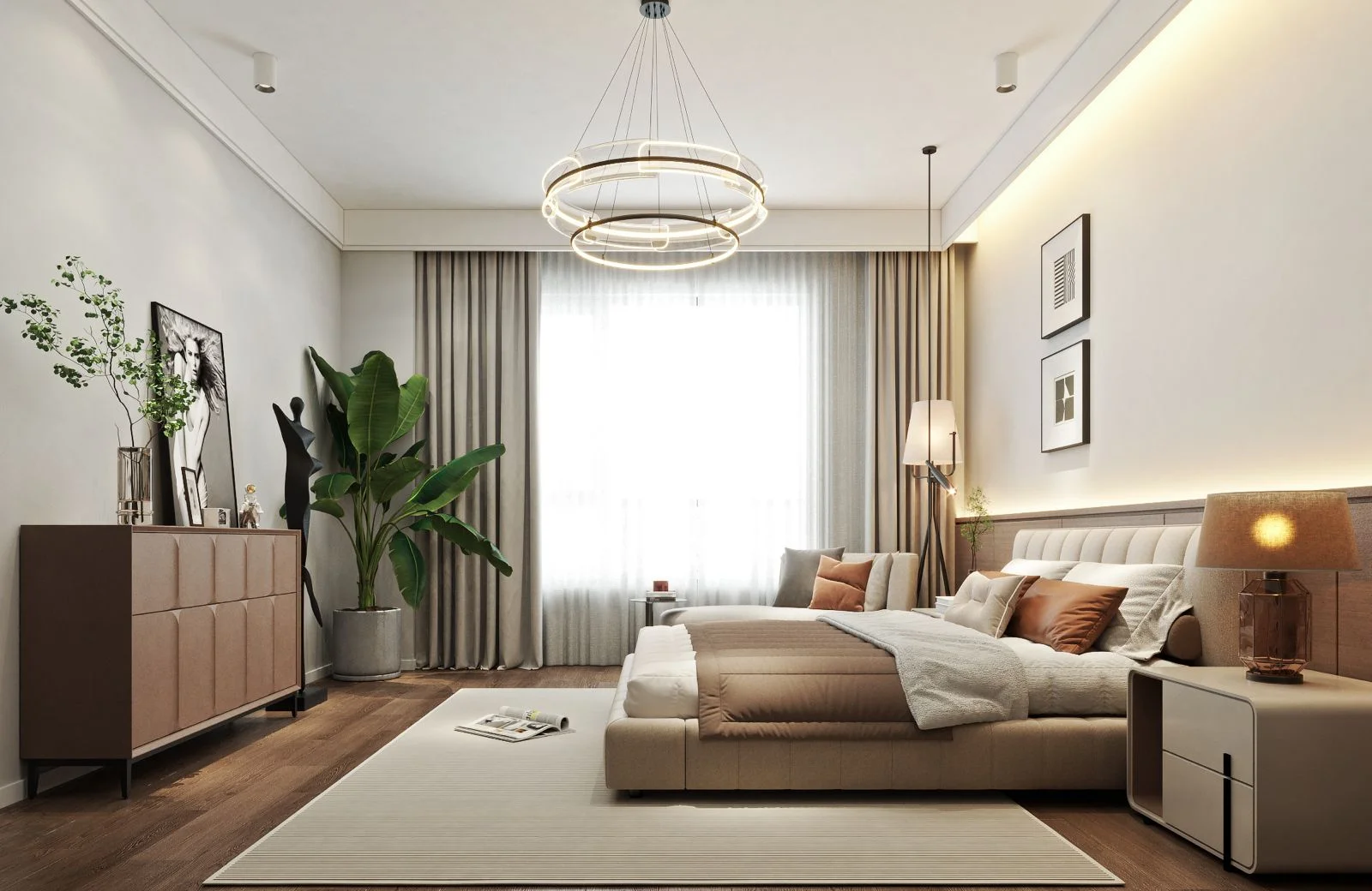 Bedroom at Auris Residence, Westlands, with an upholstered bed, circular pendant lights and a large curtained window.