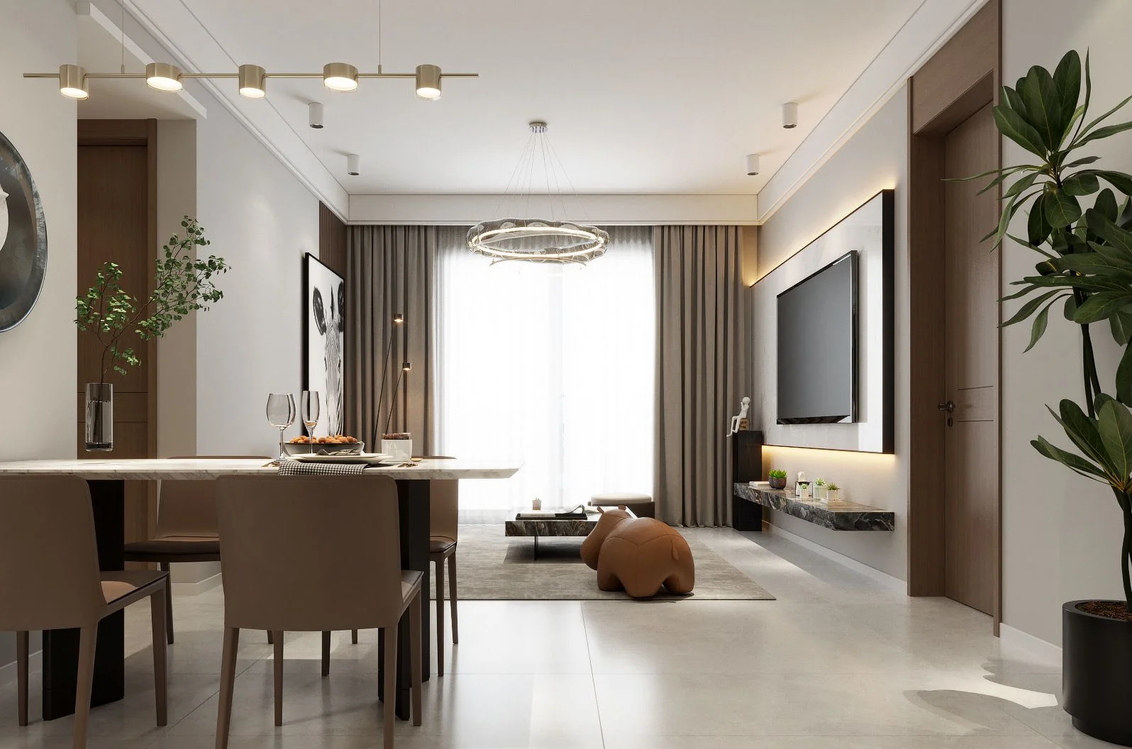 Living and dining area rendering at Auris Residence, Westlands, with pendant lights and a wall-mounted television.