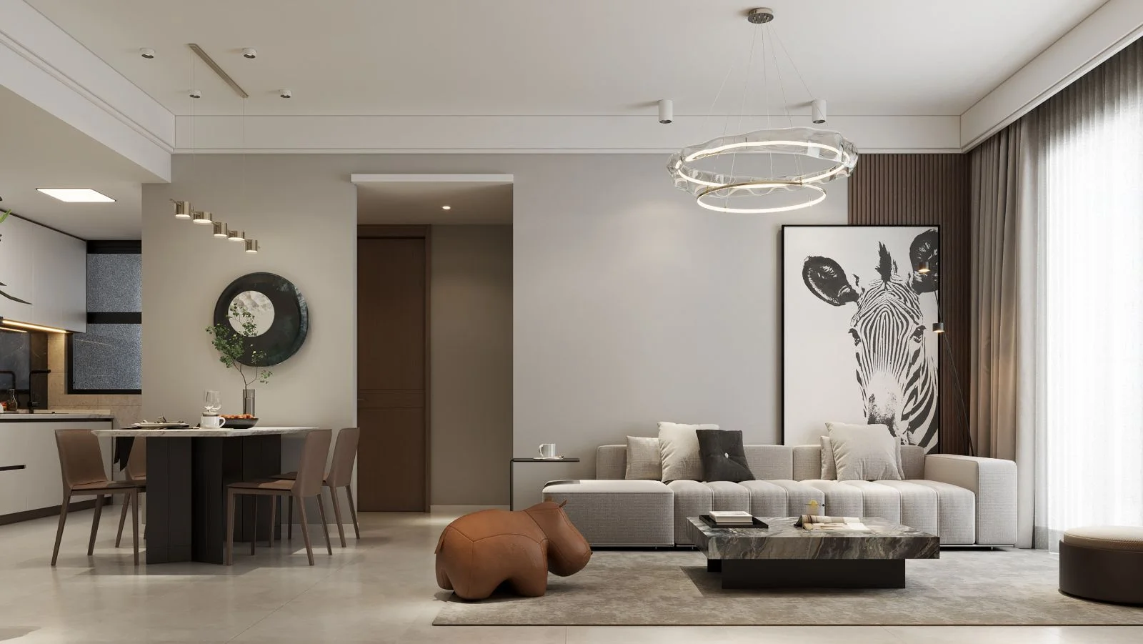 Open-plan living and dining area rendering at Auris Residence, Westlands, with a grey sofa and zebra artwork.