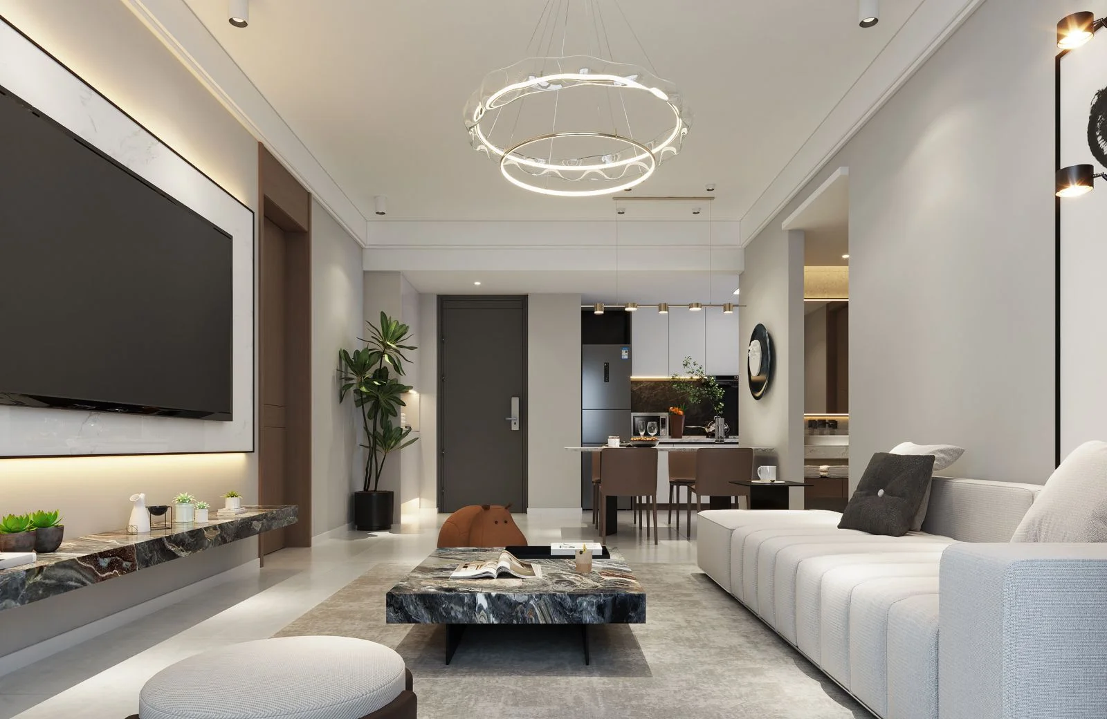 Open-plan living room rendering at Auris Residence, Westlands, with a white sofa and adjoining dining area.