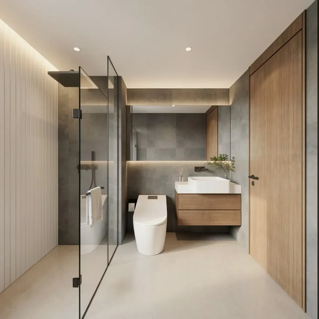 Bathroom rendering at Avana Oasis Residency with glass-enclosed shower, toilet, floating vanity and a wide mirror.
