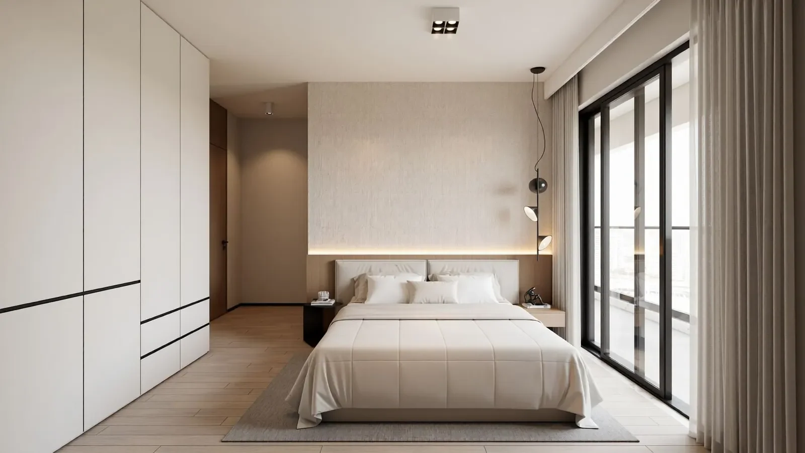 Bedroom at Avana Oasis Residency with white bedding, fitted wardrobes, large glass doors and floor-length curtains.