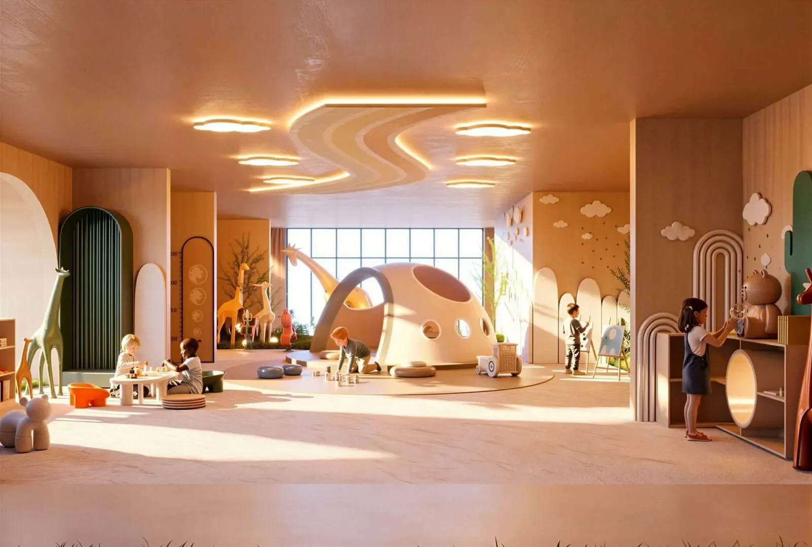 Indoor children’s play area rendering at Avana Oasis Residency, with a dome play structure and animal figures.