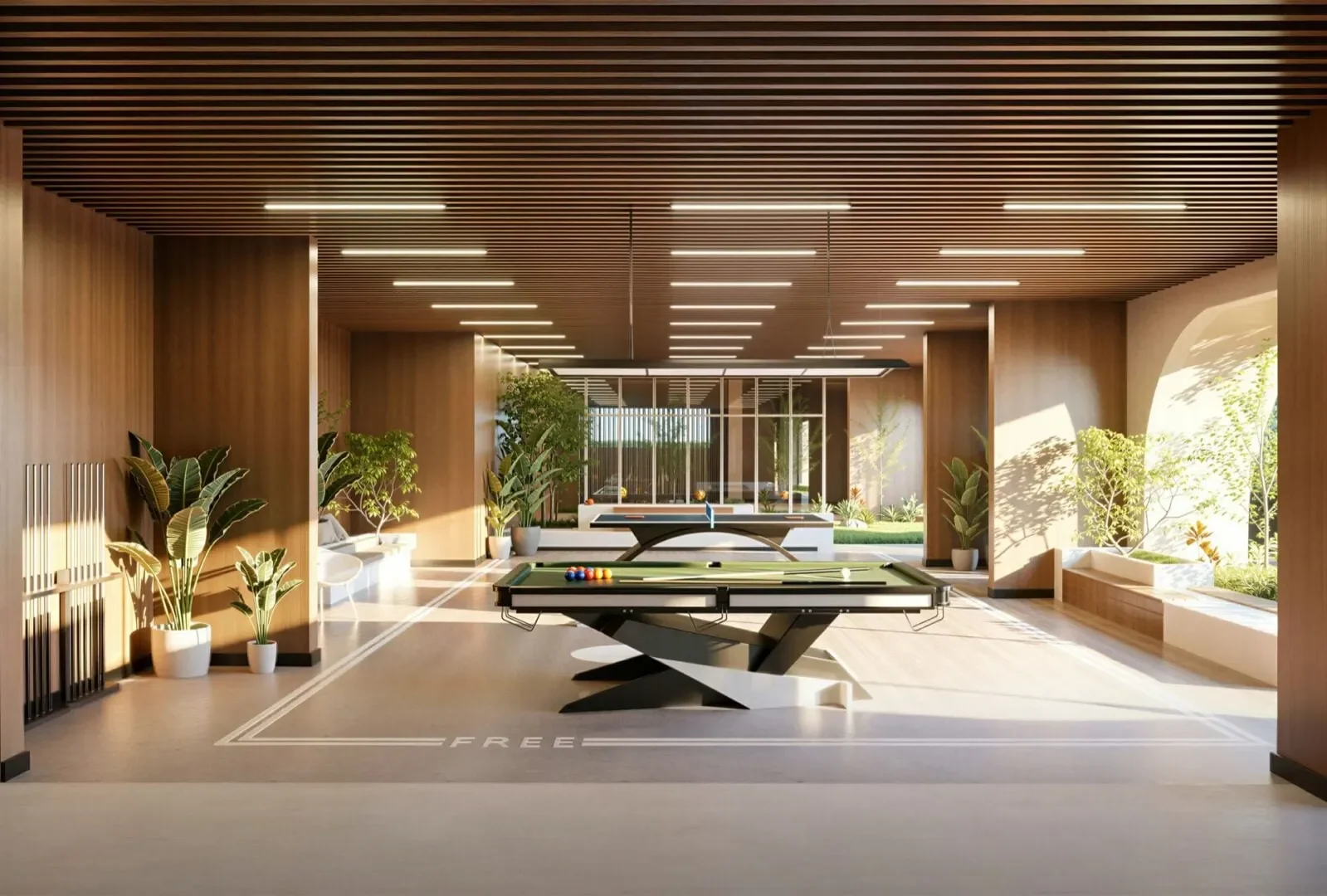 Avana Oasis Residency recreation area rendering with pool and table tennis tables beneath a slatted ceiling.