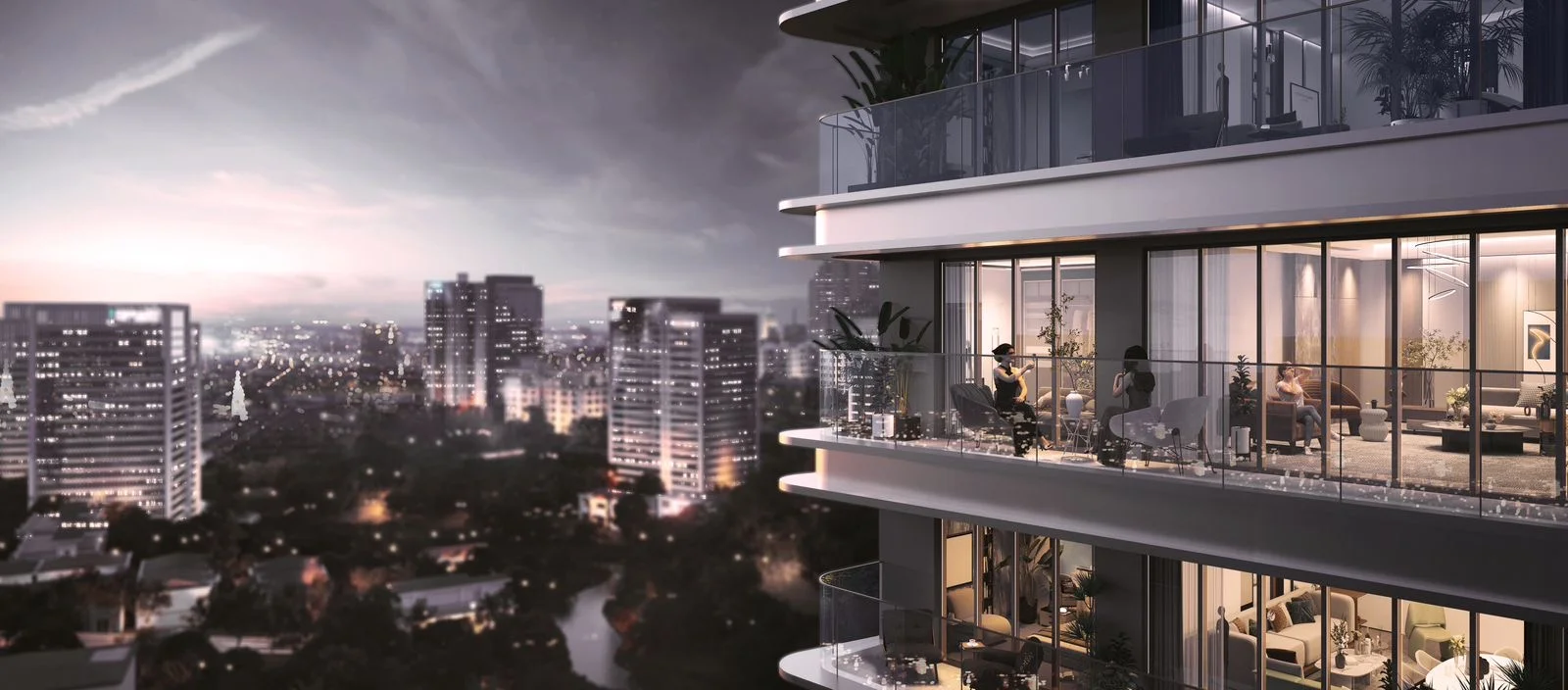 Rendering of Balkis Residences on Riverside Drive, with glass-railed balconies and city views at dusk.