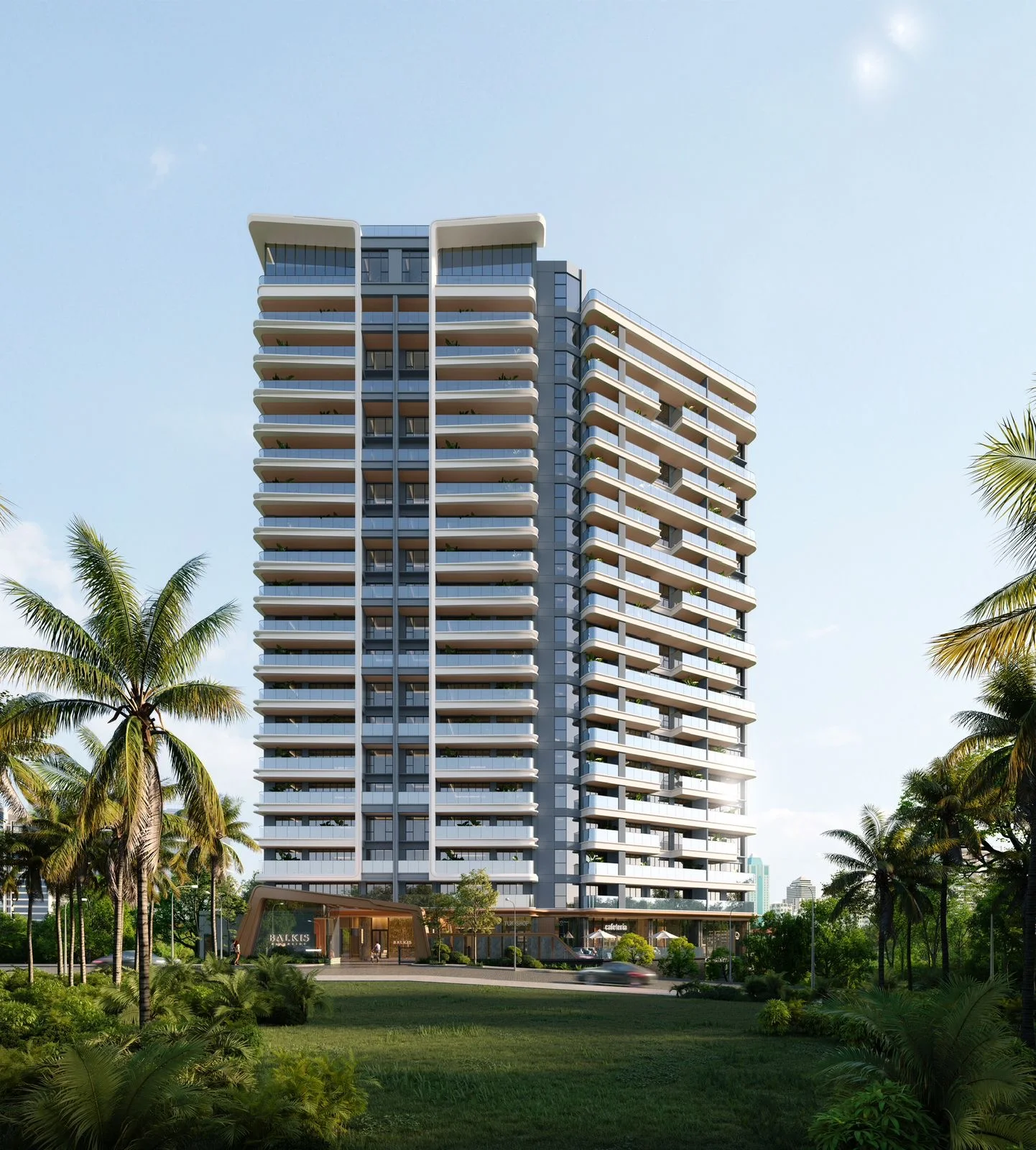 Exterior rendering of Balkis Residences on Riverside Drive, showing glass-railed balconies and landscaped grounds with palm trees.