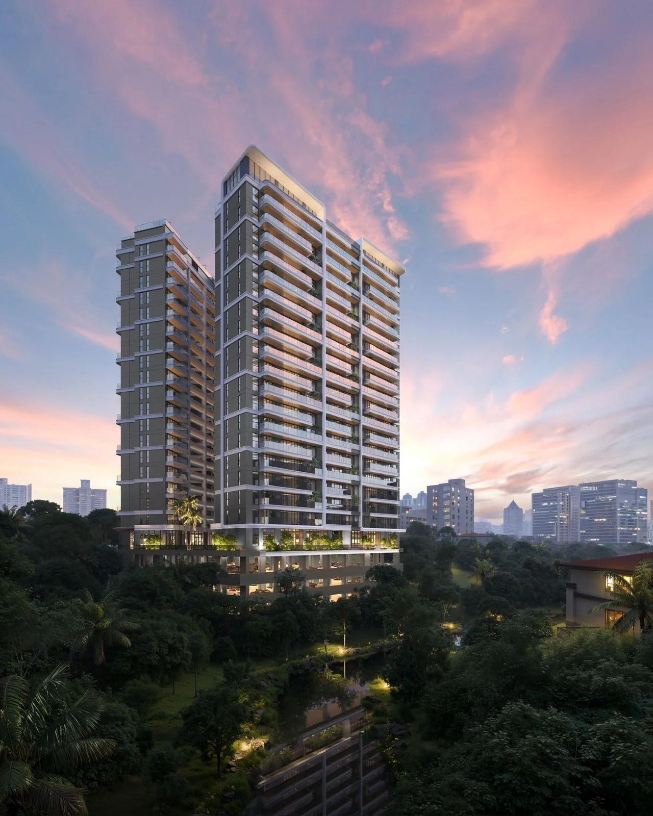Exterior rendering of Balkis Residences on Riverside Drive, showing high-rise towers, balconies and surrounding trees.
