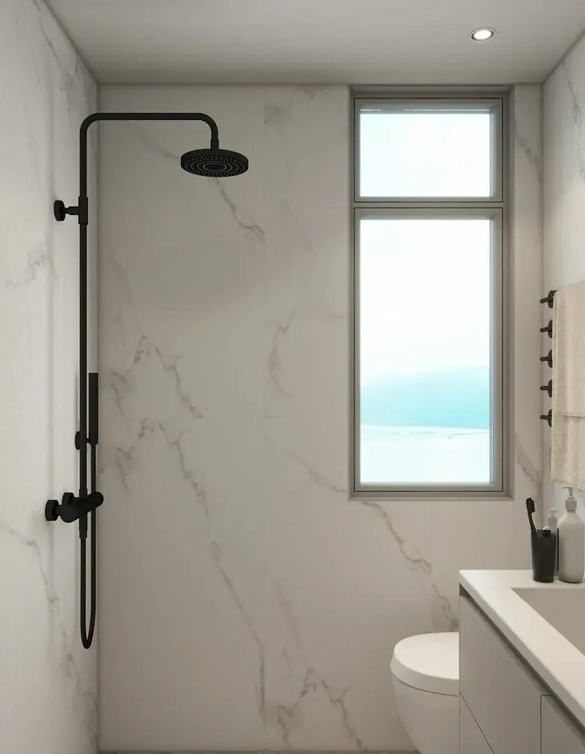 Bathroom at Baraka Capital Residency with a black rainfall shower, marble-effect walls, window, toilet and vanity.