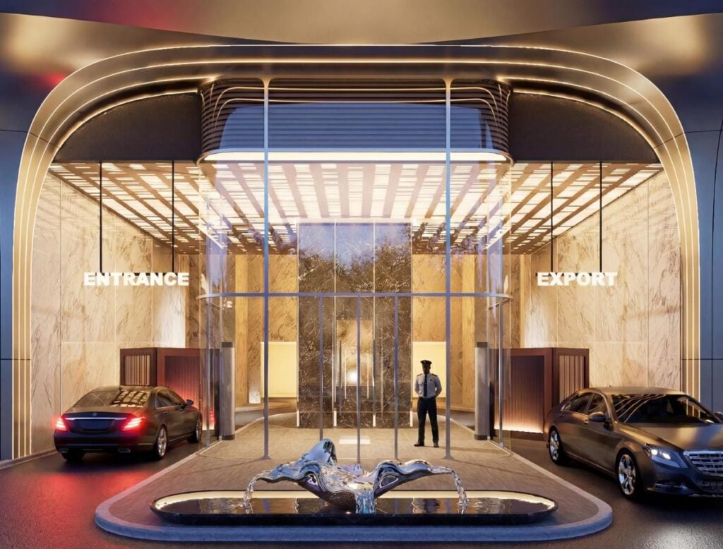 Entrance rendering of Baraka Capital Residency with an illuminated arch, central fountain and cars on both sides.