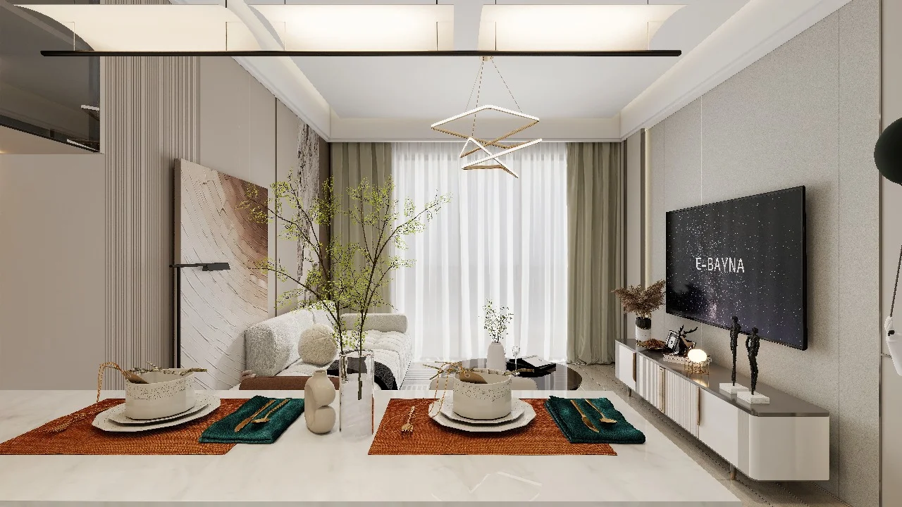 Living and dining area rendering at Baraka Capital Residency, with a sofa, wall-mounted television and table settings.
