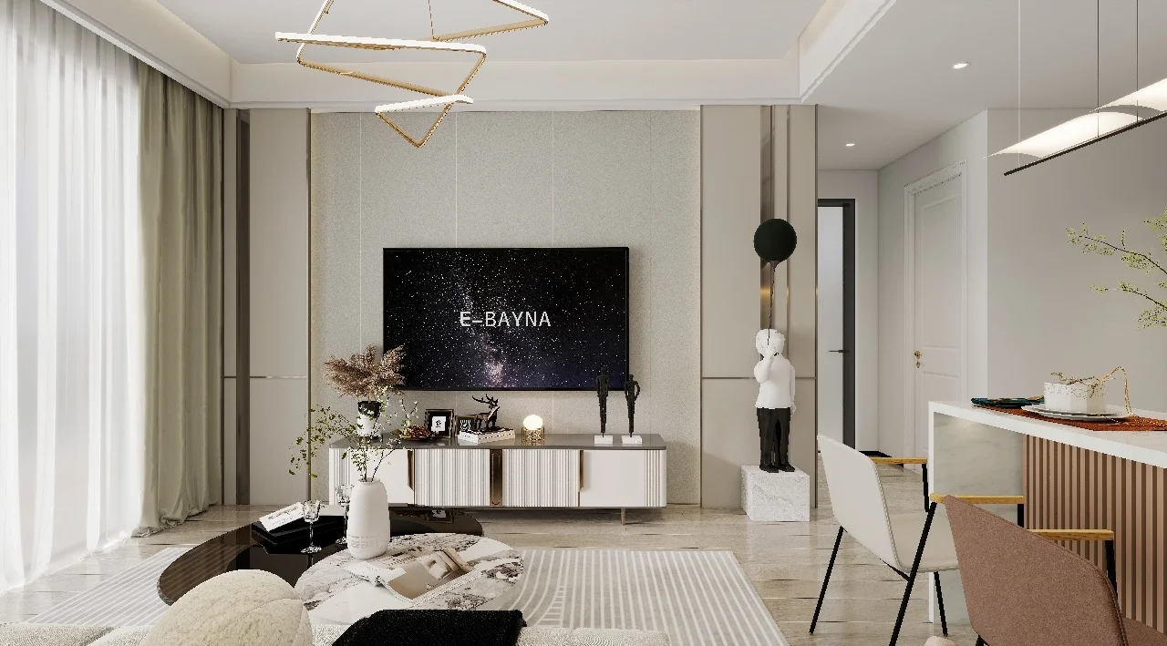 Living room rendering at Baraka Capital Residency with a wall-mounted TV, coffee tables and geometric pendant lighting.