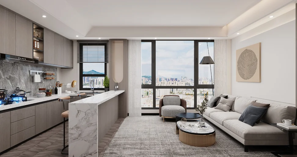 Rendered open-plan kitchen and living area at Baraka Capital Residency, with a breakfast bar and sofa.