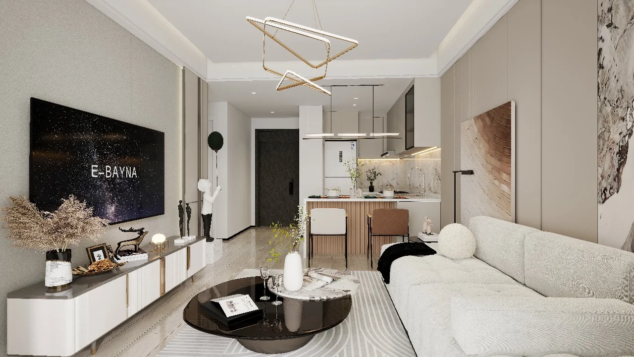 Open-plan living room and kitchen rendering at Baraka Capital Residency, with a sofa, television and breakfast bar.