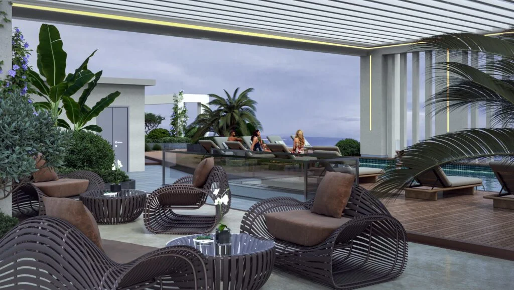 Rendered poolside lounge at Baraka Capital Residency with cushioned chairs, tables and tropical plants.