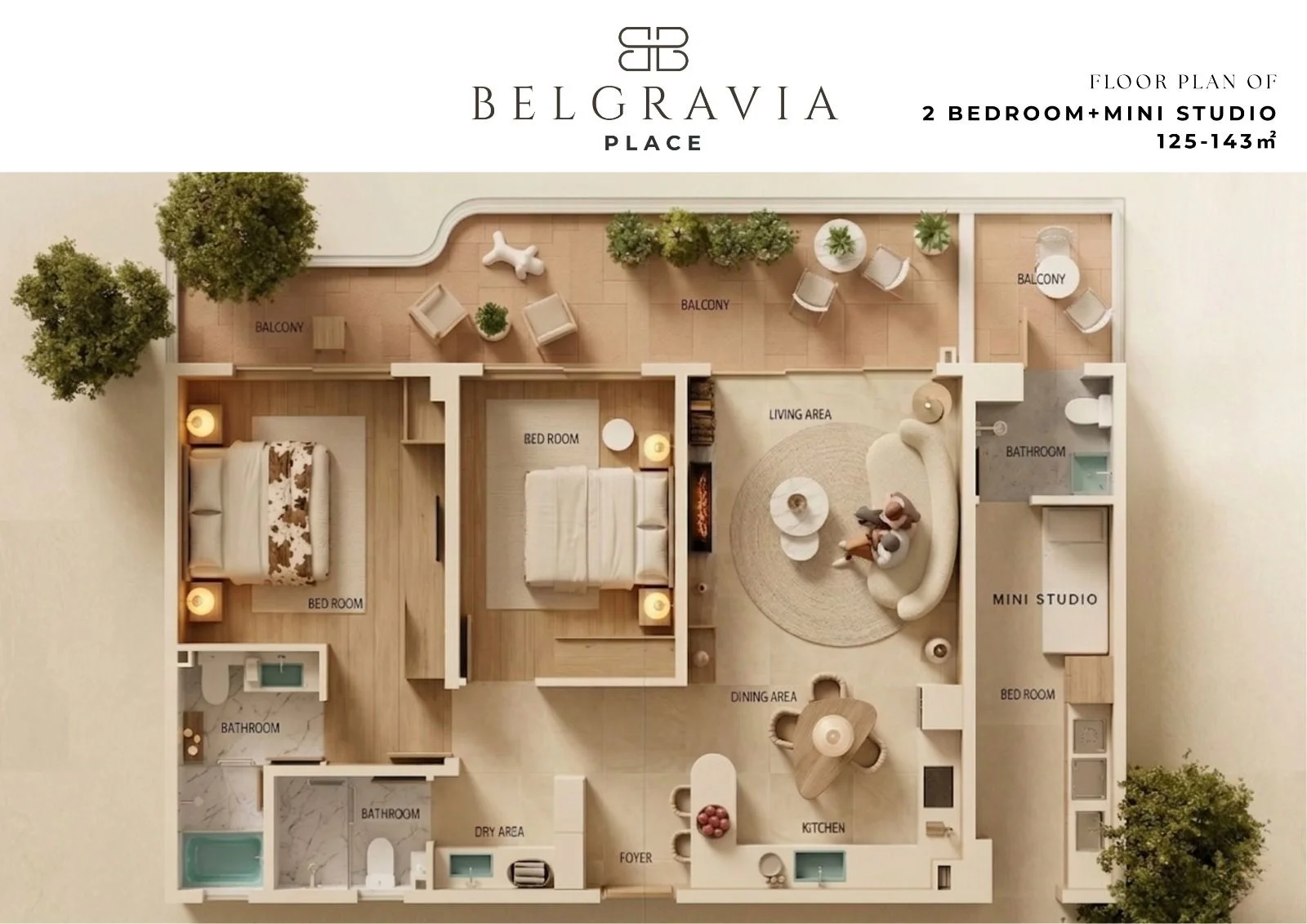 Belgravia Place two-bedroom floor plan showing a mini studio, balconies, kitchen, and living and dining areas.