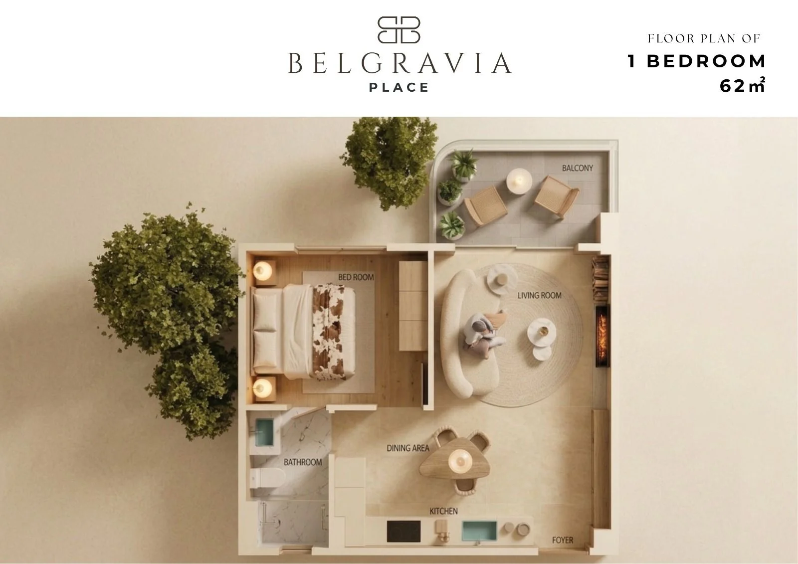 Belgravia Place 62 m² one-bedroom floor plan showing a balcony, living room, kitchen and bathroom.