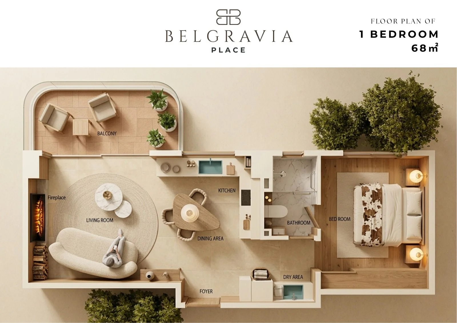 Belgravia Place 68 m² one-bedroom floor plan with balcony, living and dining areas, kitchen and bathroom.