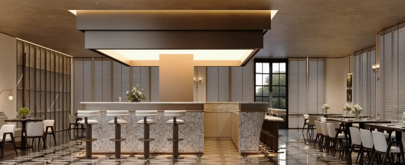 Bar and dining area rendering at Belgravia Place, Kileleshwa, with counter stools and patterned flooring.