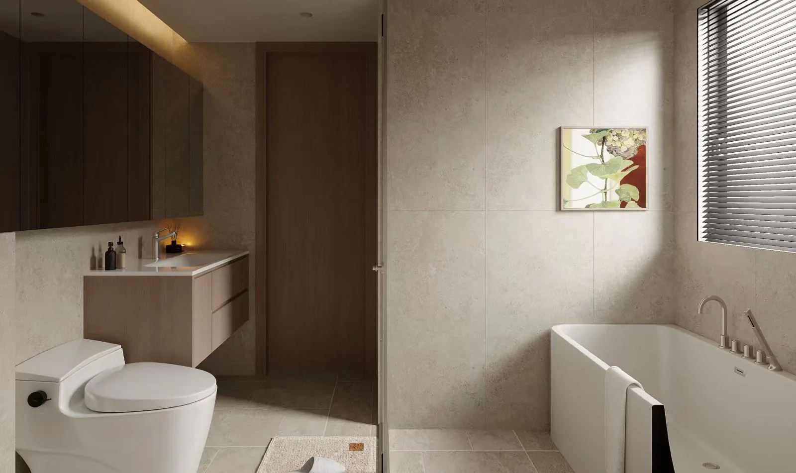 Bathroom rendering at Belgravia Place with a bathtub, floating vanity, toilet and window blinds.