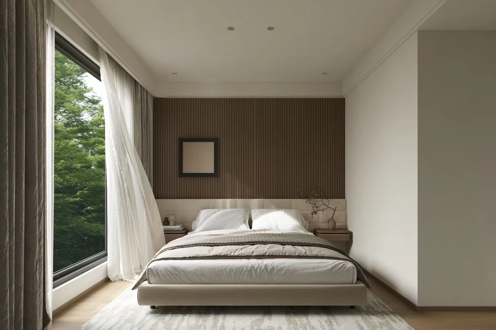 Bedroom at Belgravia Place, Kileleshwa, with white bedding, a slatted accent wall and large window overlooking trees.