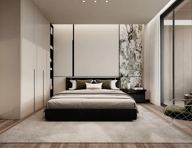 Bedroom rendering at Belgravia Place, Kileleshwa, with a double bed, fitted wardrobes and glass doors.