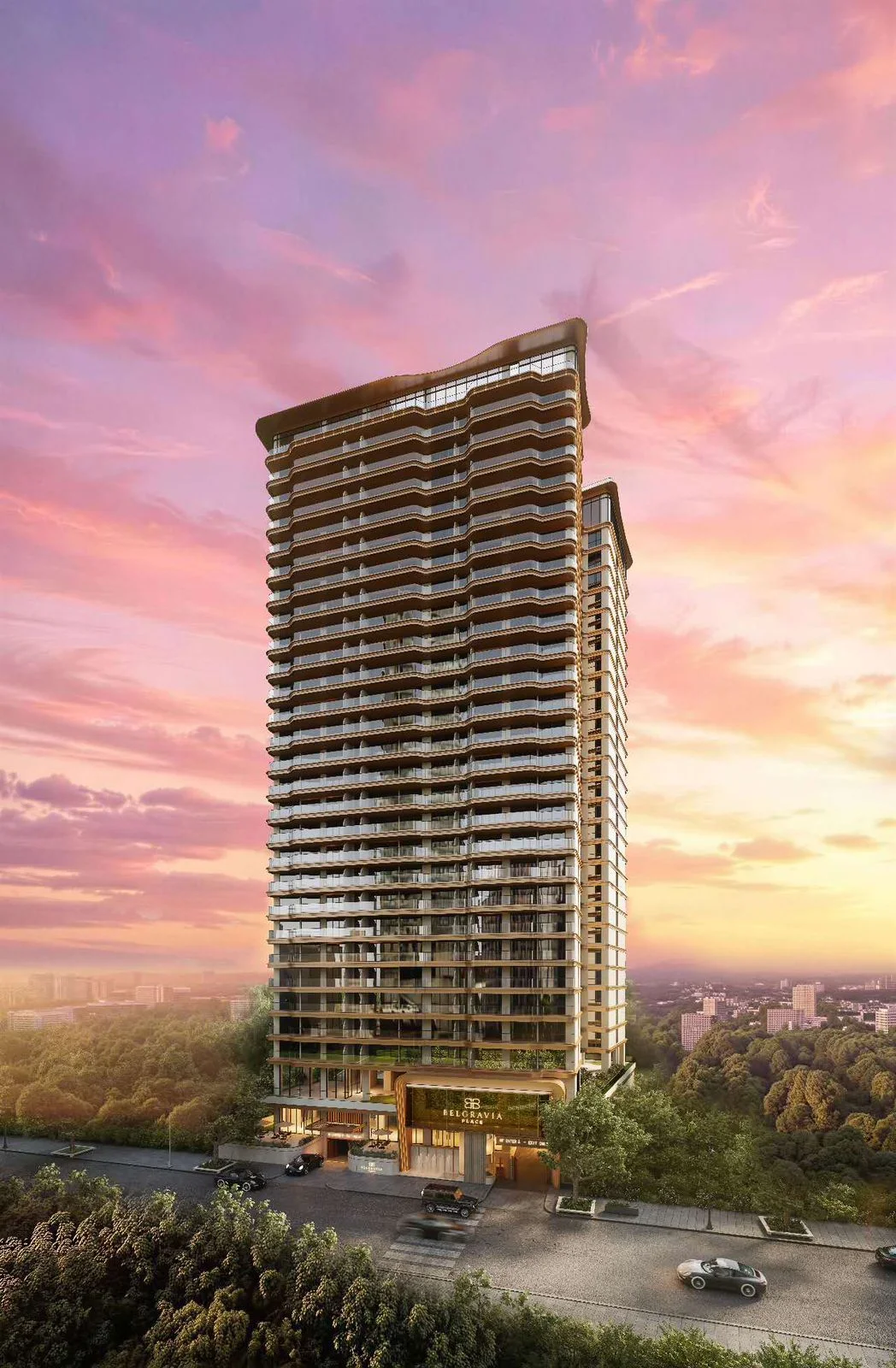 Architectural rendering of Belgravia Place in Kileleshwa, showing a high-rise tower with curved balconies at sunset.