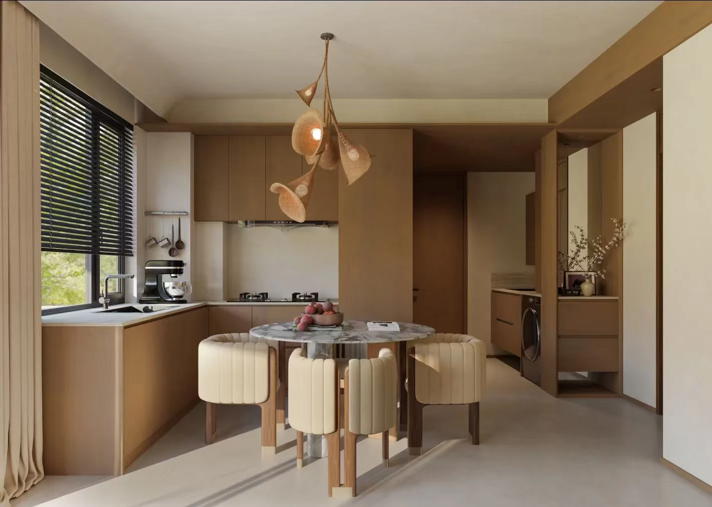 Kitchen and dining area rendering at Belgravia Place, with a round table, cream chairs and wood-toned cabinets.