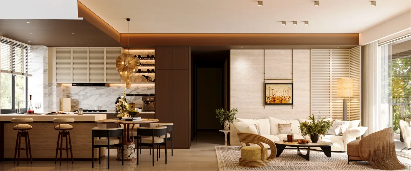 Open-plan living room and kitchen rendering at Belgravia Place, Kileleshwa, with a dining table and breakfast bar.