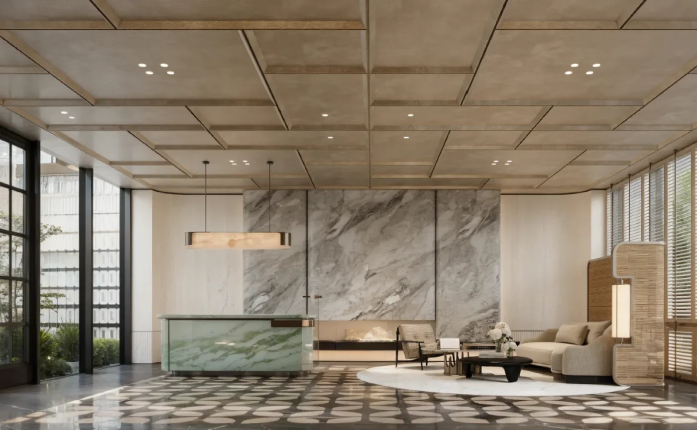 Rendered reception lobby at Belgravia Place, Kileleshwa, with a green desk, lounge seating and patterned floor.