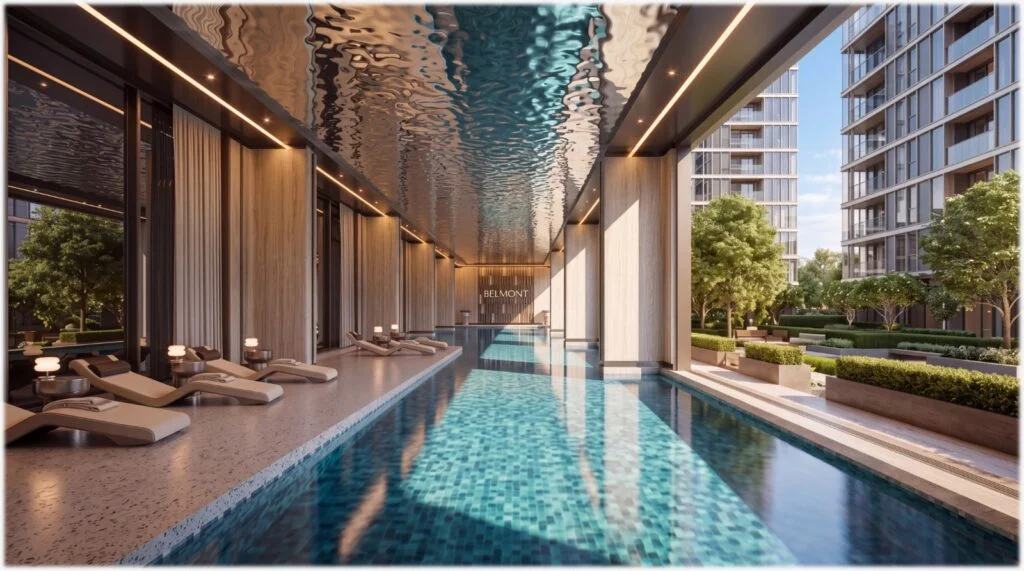 Rendering of Belmont Residence's covered swimming pool in Kilimani, with loungers and an adjacent landscaped courtyard.