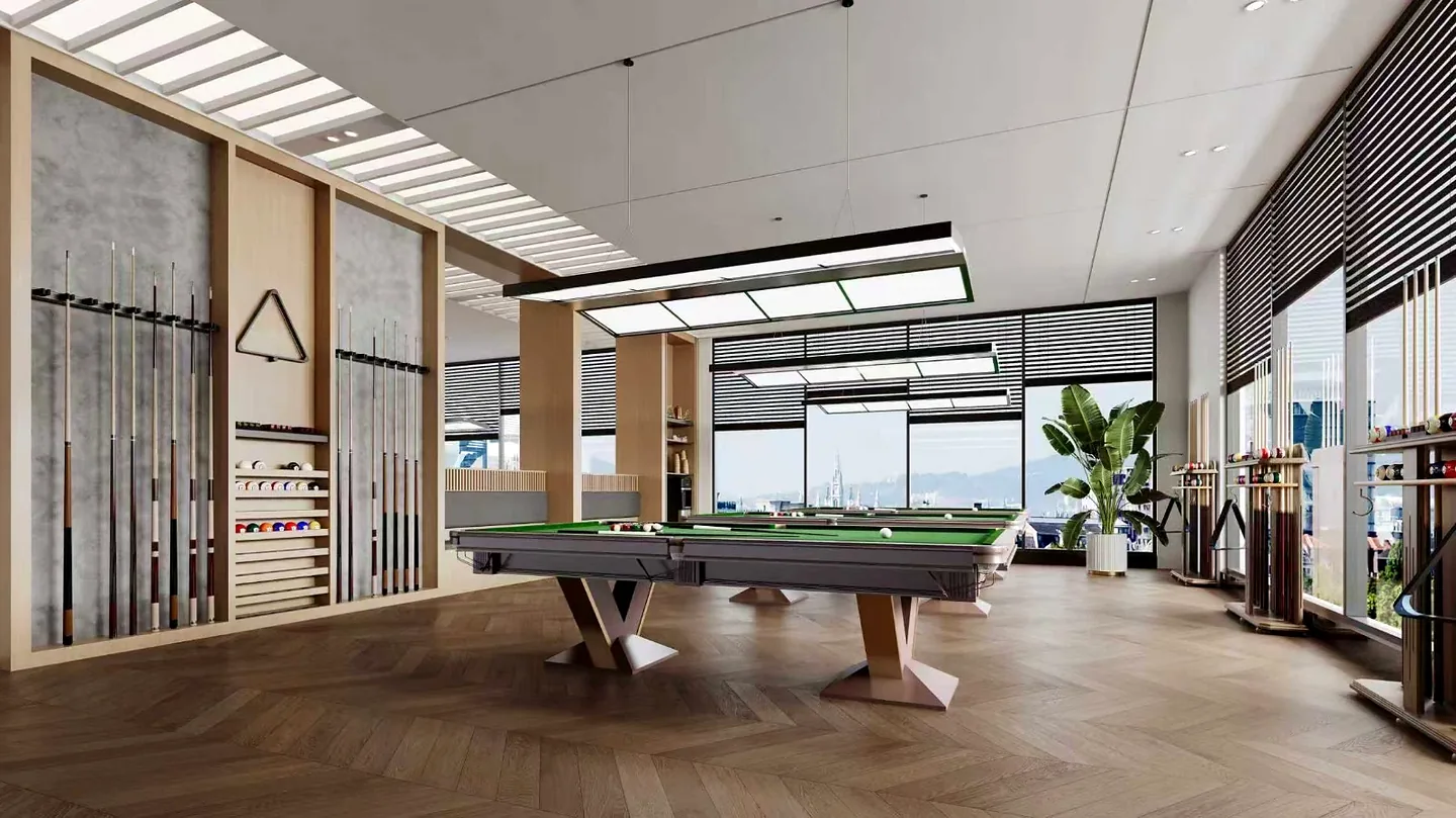 Billiards area rendering at Berkeley Westlands with green tables, cue racks, large windows and suspended rectangular lights.