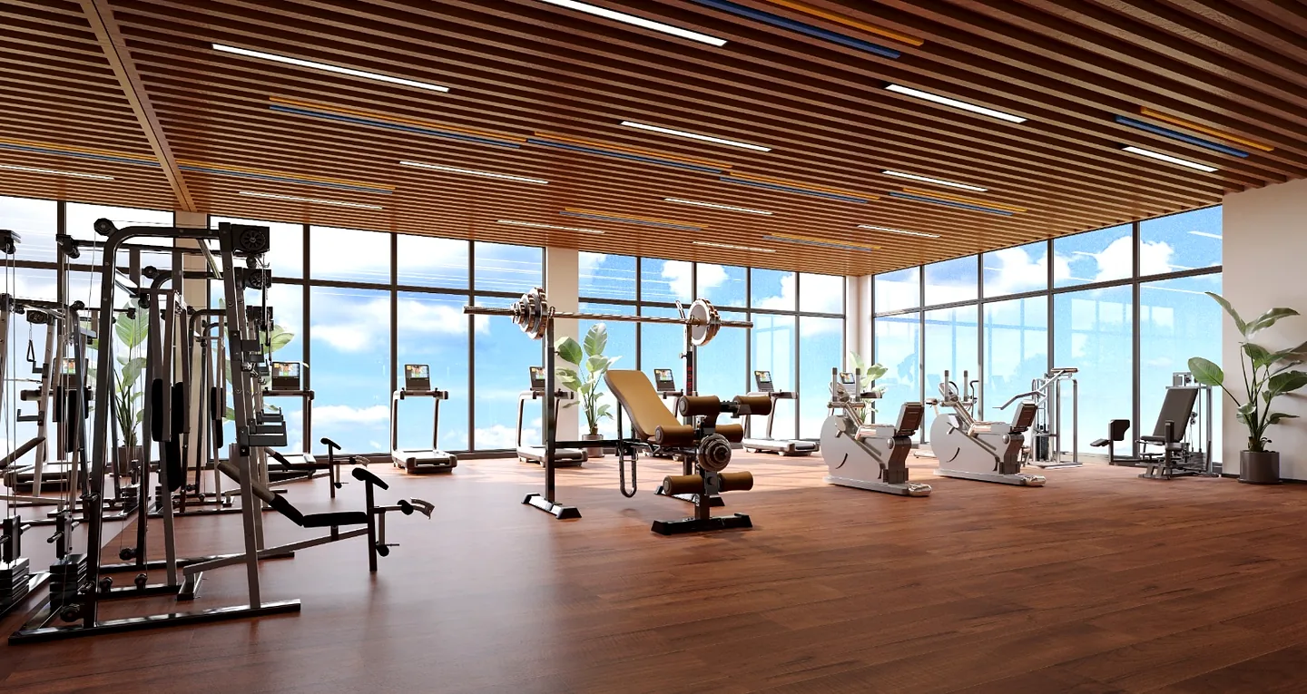 Berkeley Westlands gym rendering with treadmills, exercise bikes, weight machines and floor-to-ceiling windows.
