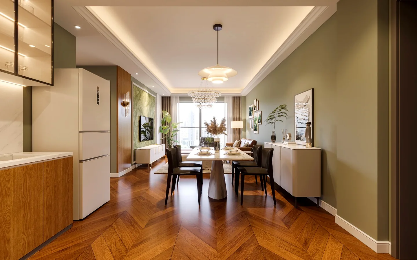 Open-plan kitchen, dining and living area at Berkeley Westlands, with green walls and chevron-patterned flooring.